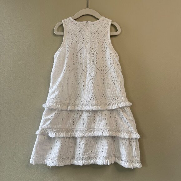 PINK CHICKEN White Eyelet Dress Girls 6 Tiered Sleeveless Boho Fringe Hem Cotton - Picture 2 of 6